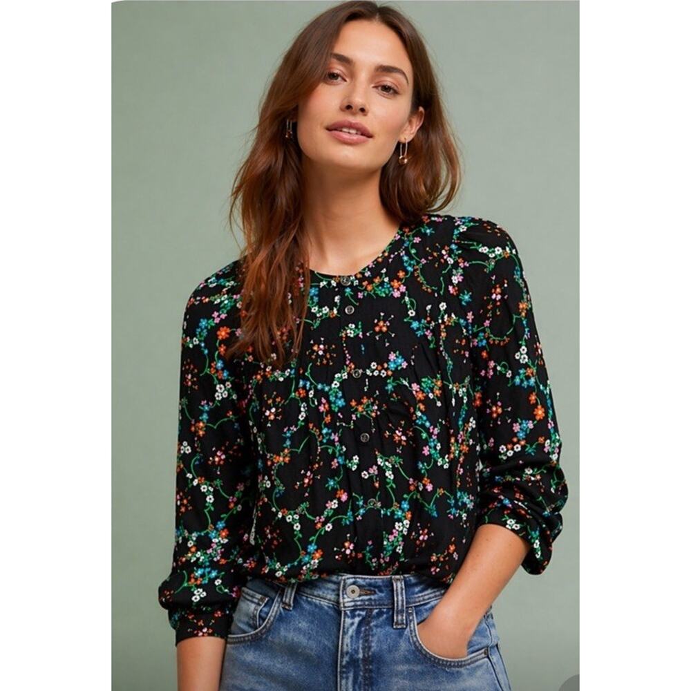 Anthropologie Maeve Avignon Black & Neon Print Floral Long Sleeve Top Blouse S